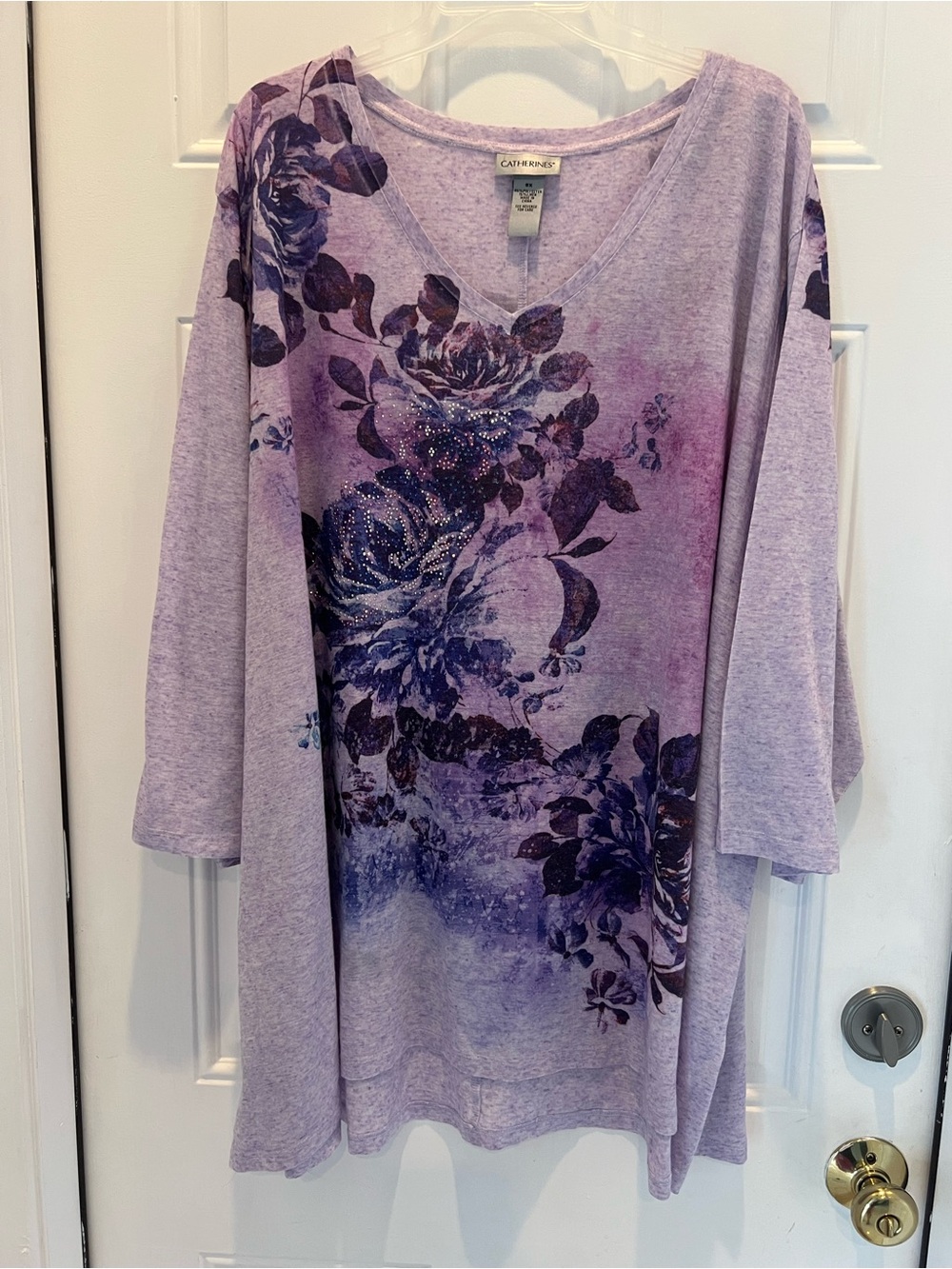Catherines Tunic Top Womens 5X Purple Paisley Rhinestone Front 3/4 Sleeve # 888